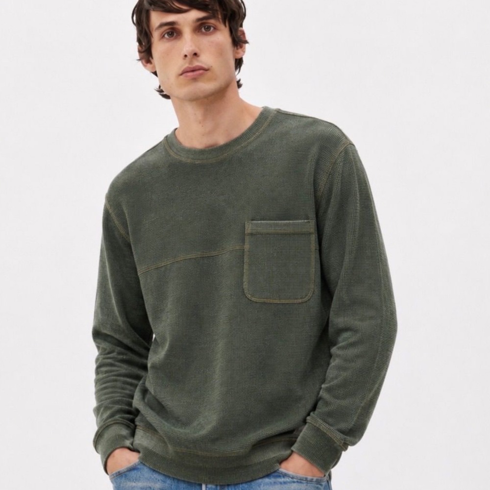 Toad&Co Breithorn Crew Sweater Green Wool Waffle Knit Gorpcore Outdoor Mens M